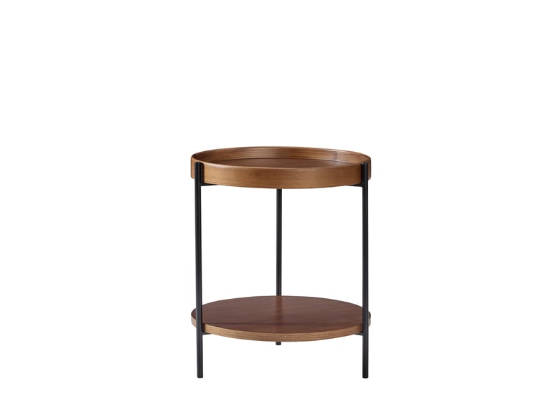  Table d'appoint ronde ulevr à 2 niveaux avec plateaux, ø44 x h48 cm, bois et mdf, structure en fer noir, noyer  - Conforama A