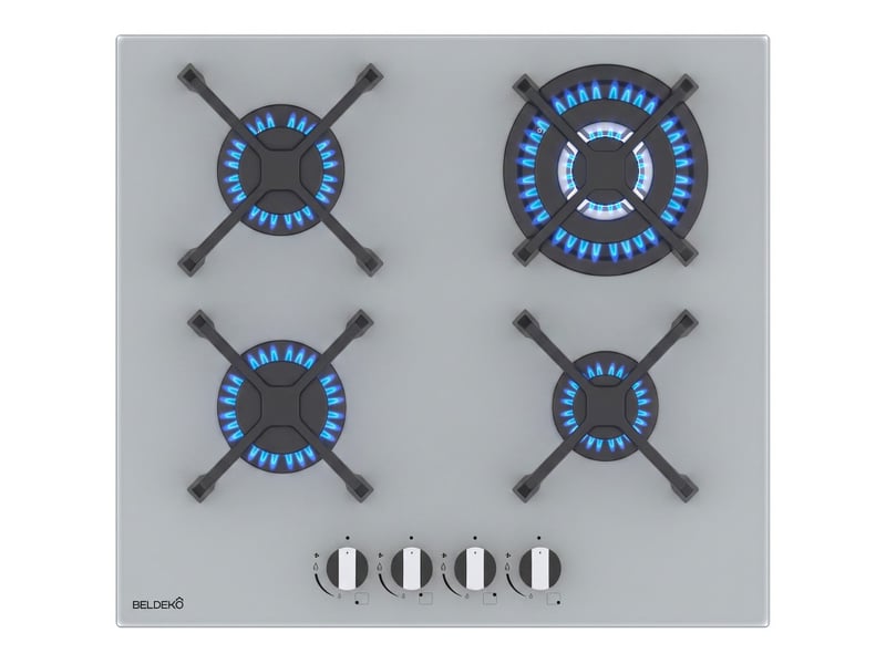 Beldeko plaque de cuisson gaz 4 feux 8000 w - verre gris - brûleur double couronne - grilles en fonte- marque française - Conforama A