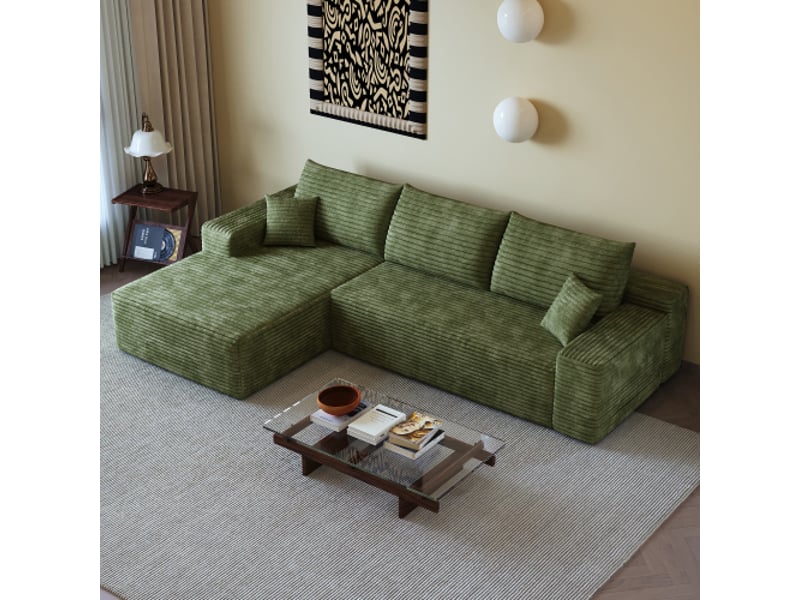 Canapé d’angle modulaire 270 cm sans montage – en l, chaise longue, assise profonde, vert - Conforama B