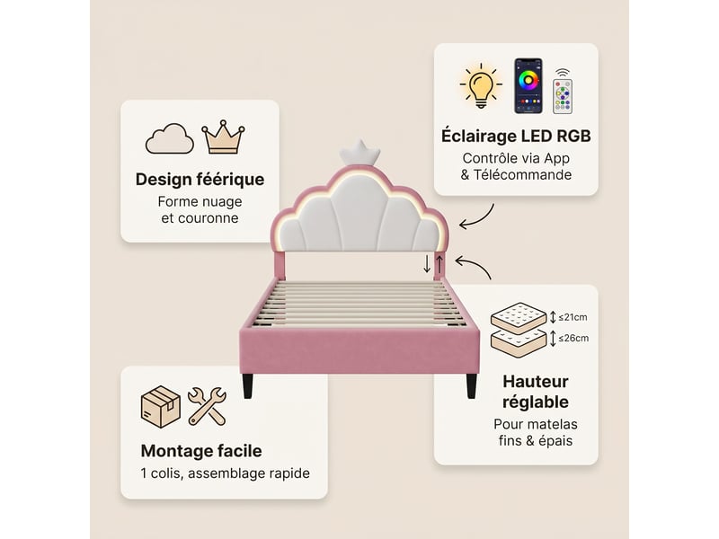  Lit enfant 90x190 cm avec éclairage led, lit simple avec tête de lit couronne réglable et sommier, velours, rose et blanc  - Conforama C