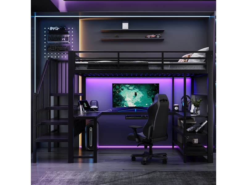 Lit mezzanine gaming 120x200 cm noir led métal et mdf - Conforama D