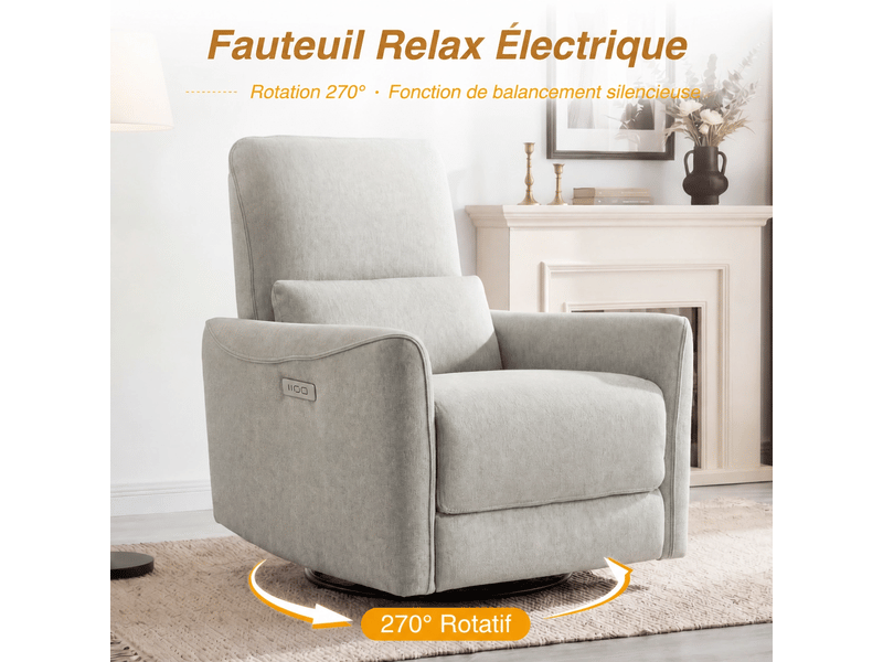  Fauteuil relax électrique pivotant 270° – usbtype-c, en tissu,dossier 135°, charge 159 kg-gris  - Conforama E
