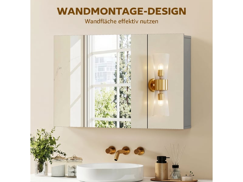  Armoire de toilette avec 3 portes miroir en mdf gris 90x15x60 cm  - Conforama D