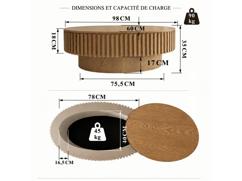 Table basse ovale cannelée muvano placage bois massif finition bois naturel avec rangement 98 x 60 x 35 cm - Conforama E