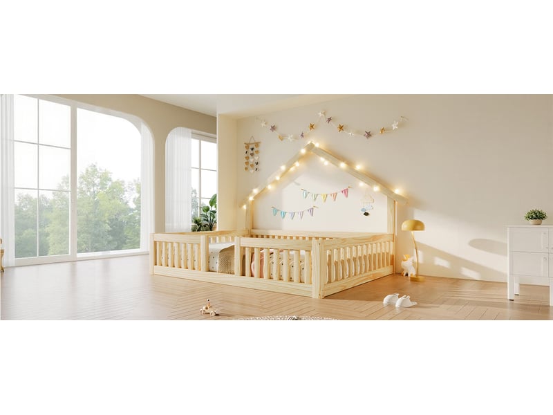  Lit cabane enfant 140×200 cm avec barrière de sécurité et led  - sans matelas, bois - naturel  - Conforama E