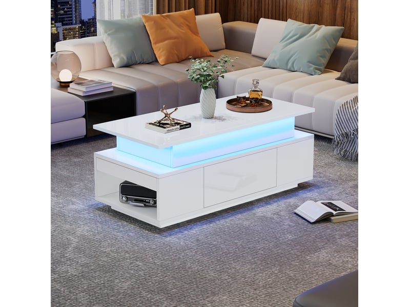  Table basse 96x45x40 cm plateau relevable led panneau de particules blanche  - Conforama C