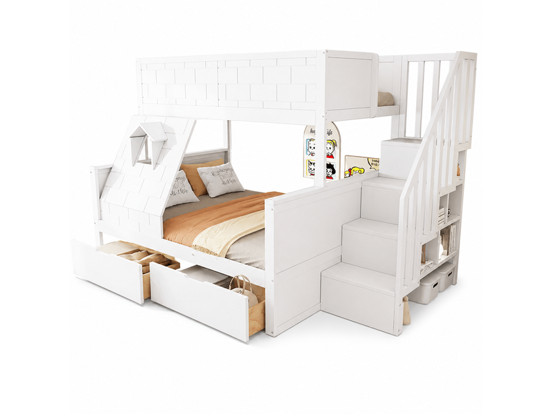  Lit superposé familial en bois 90x200 et 140x200 cm lit enfant avec escalier à rangements,2 tiroirs,fenêtre,garde-corps,pin massif et mdf,blanc  - Conforama A