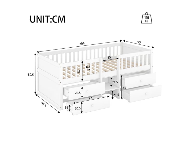  Lit enfant mi-hauteur 90x200 cm avec 4 tiroirs et échelle en pin et mdf  - Conforama E