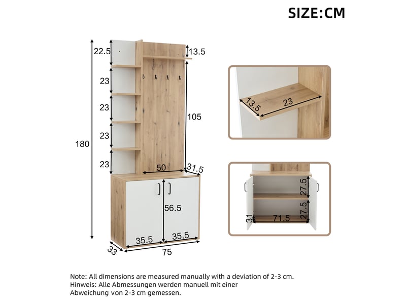  Vestiaire d'entrée ulevr avec porte-manteaux, rangement chaussures et 6 étagères, 75 x 33 x 180 cm, panneau de particules bois naturel et blanc  - Conforama C
