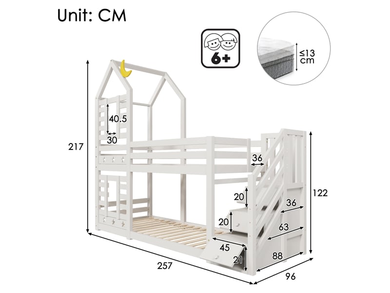  Modenvie lit superposé enfant 90x200 cm - avec rangements, 2 tiroirs, 2 sommiers inclus - blanc  - Conforama C