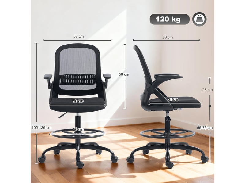  Chaise de bureau en maille chaise d'ordinateur avec accoudoirs rabattables hauteur réglable repose-pieds noir  - Conforama C