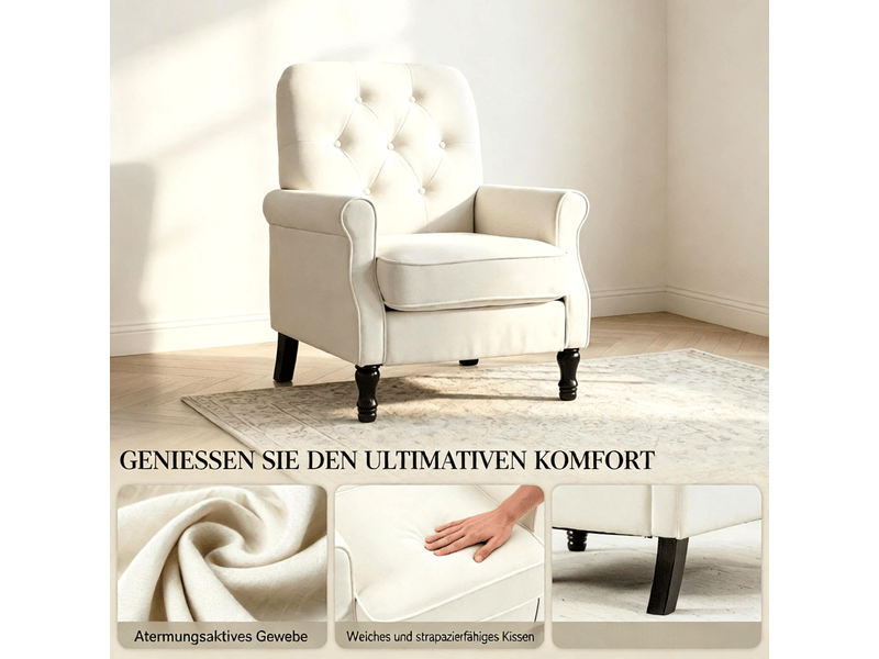  Fauteuil de salon - fauteuil 1 place avec assise épaisse rembourrée, coussin en plumes et revêtement en lin  - Conforama E
