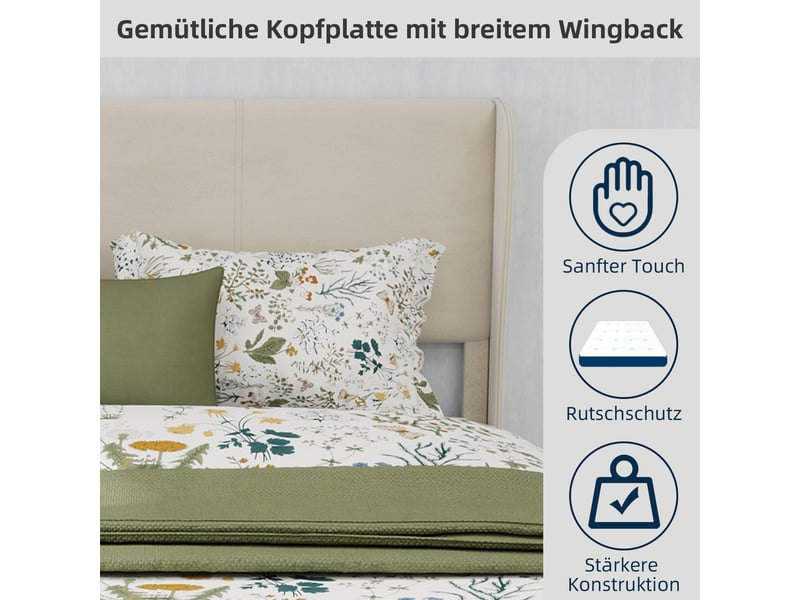  Lit adulte 140 x 200 cm, lit double, avec tête de lit et sommier, base basse, velours beige, sans matelas  - Conforama R