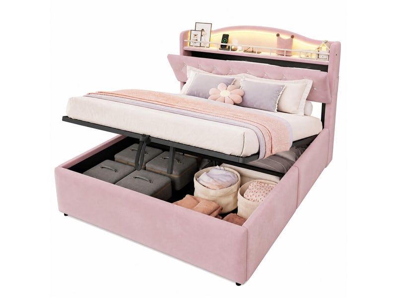  Lit coffre 140x200 cm, tête de lit led usb usb-c, rangement hydraulique, velours métal, 250 kg rose sans matelas  - Conforama A