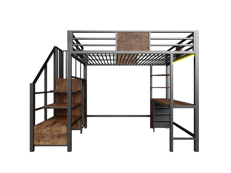  Lit mezzanine 140x200 cm avec bureau, étagères, penderie, lit enfant avec led et prise, métal et mdf, noir sans matelas  - Conforama E