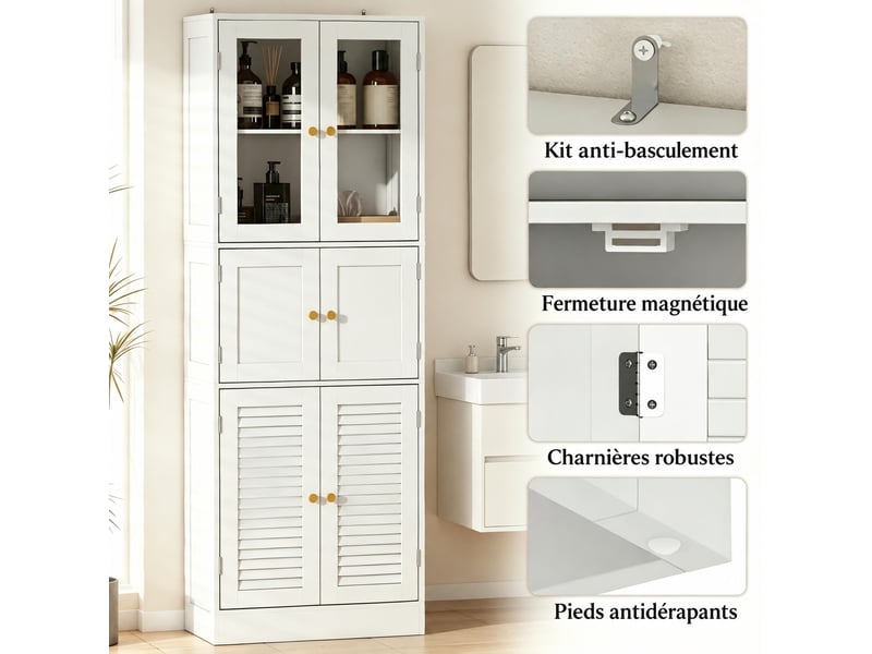 Armoire haute de salle de bain blanche à 6 portes, 60 x 30 x 170 cm - Conforama E