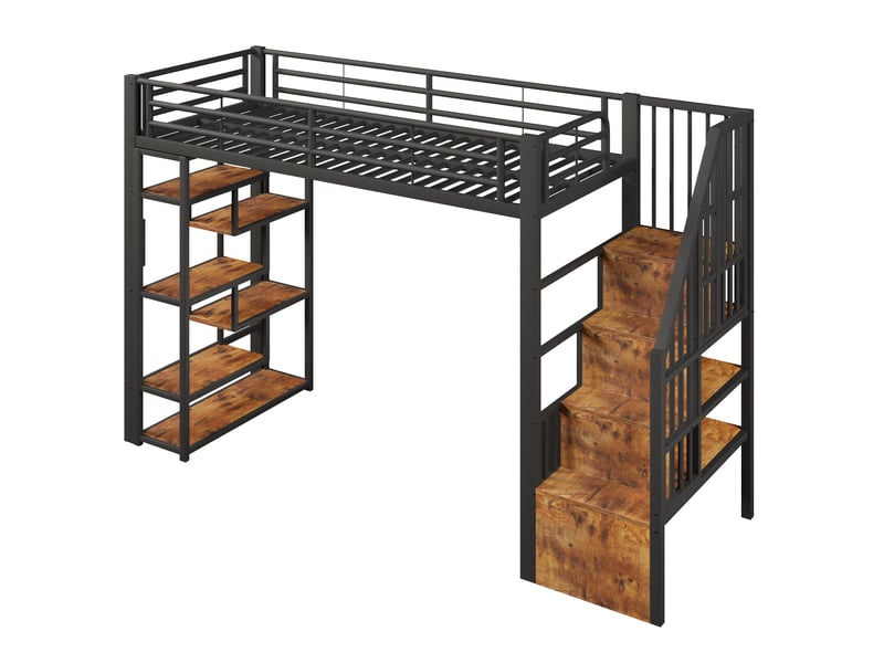 Lit mezzanine enfant 90x200 cm noir métal et mdf, escalier intégré, rangements et led multicolore - Conforama D