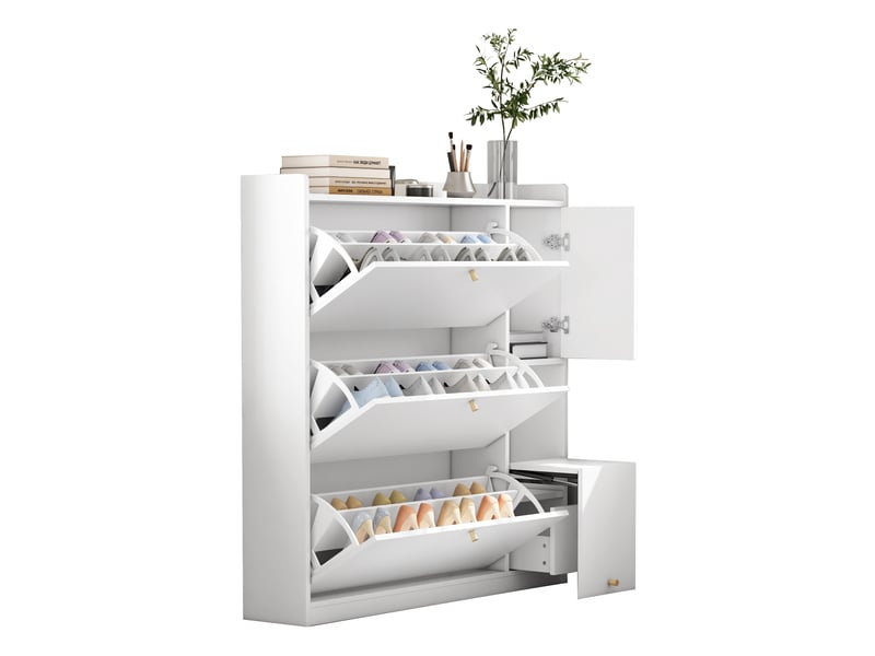  Meuble à chaussures basculant - meuble d’entrée avec 3 tiroirs et rangement intégré - banc multifonction pour couloir ou entrée - blanc - 119x24x122 cm  - Conforama E