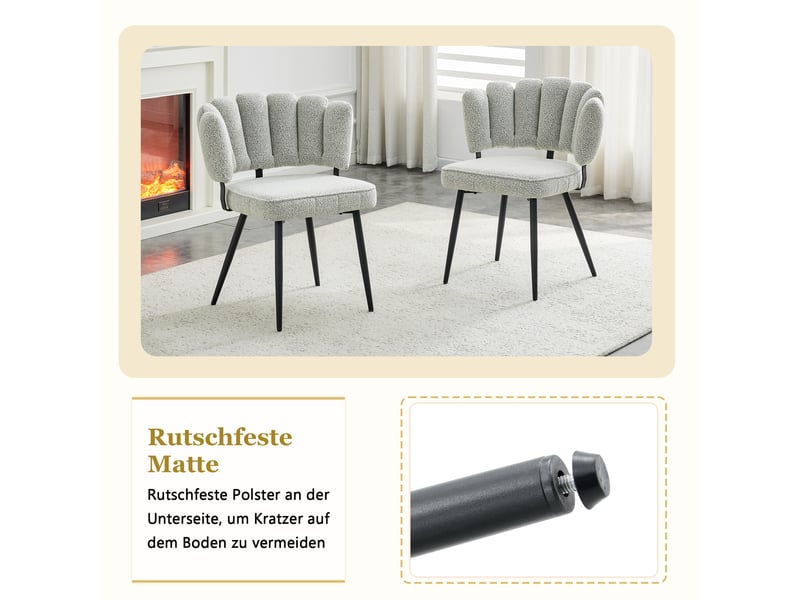  Ensemble table à manger extensible avec 4 chaises, table blanche avec rangement et fauteuils rembourrés en tissu bouclé  - Conforama W