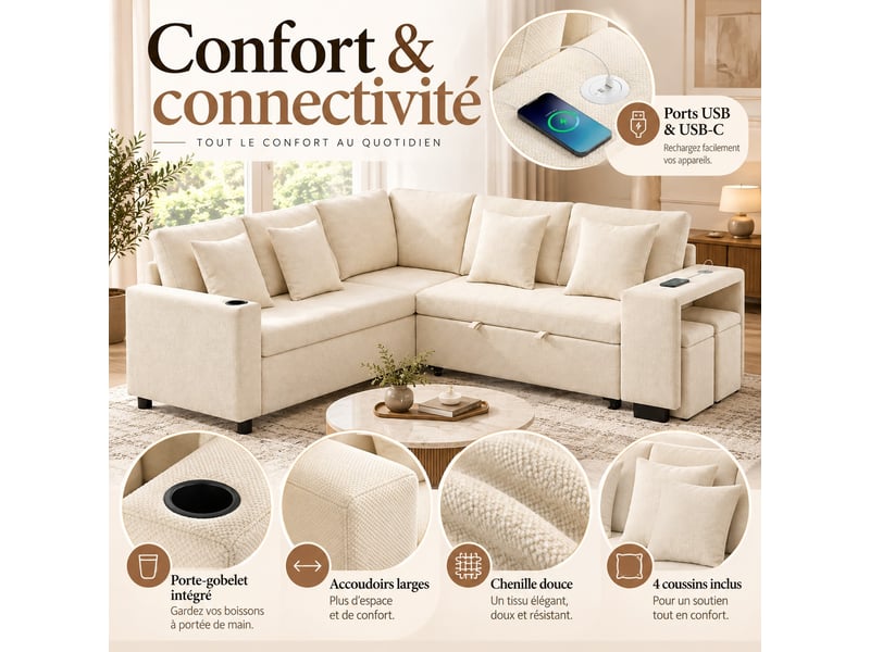  Canapé d'angle réversible convertible 5 places avec coffre, pouf, ports usb-c et porte-gobelets, chenille beige, 220 cm  - Conforama E