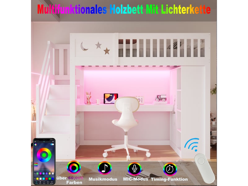  Lit mezzanine enfant 90x200 cm bureau intégré éclairage led penderie intégrée escalier avec rangement sommier à lattes blanc OPULERANE TRADING LTD - Conforama E