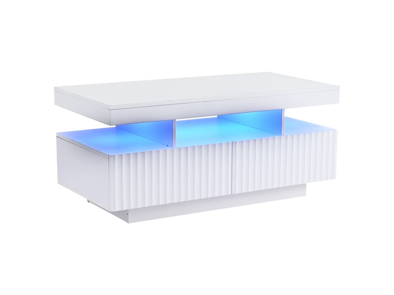  Table basse 100 x 50 x 45 cm avec deux tiroirs, à rayures verticales, thermoformée, table de salon, table basse avec bande lumineuse led, blanche  - Conforama E