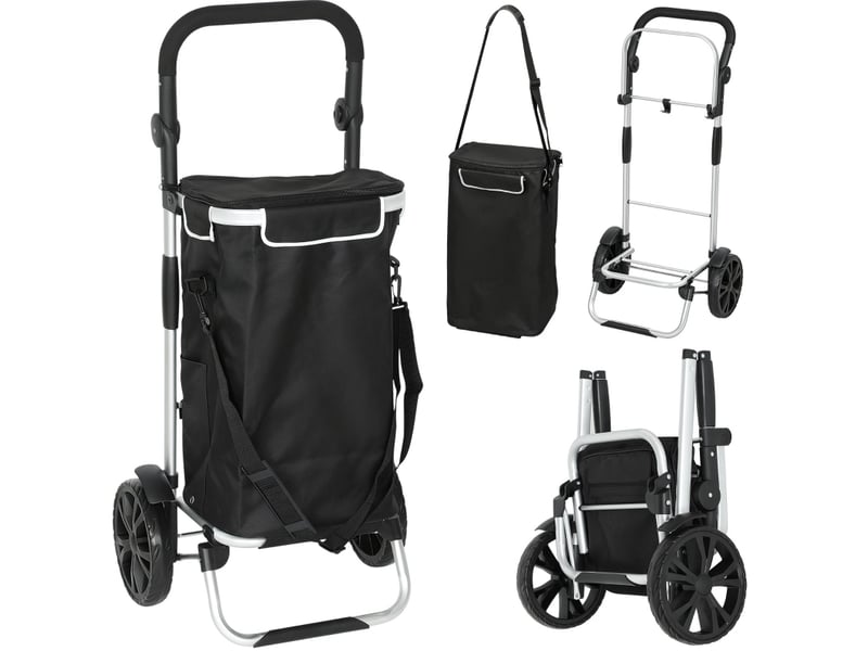  Chariot de courses pliable 45,5x35,5x97 cm – noir – 3-en-1, sac isotherme 40 l et charge 25 kg  - Conforama A