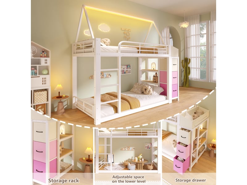  Lit mezzanine cabane 90 x 200 cm avec étagères ouvertes, tiroirs en tissu et led multicolore, structure en mdf et métal blanc, sans matelas  - Conforama D