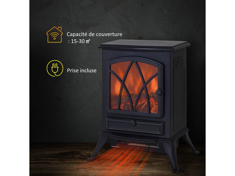  Cheminée électrique sur pied 10002000 w, fausse cheminée décorative avec effet flamme led, protection contre la surchauffe, zone de couverture 15-30 m², noir  - Conforama D