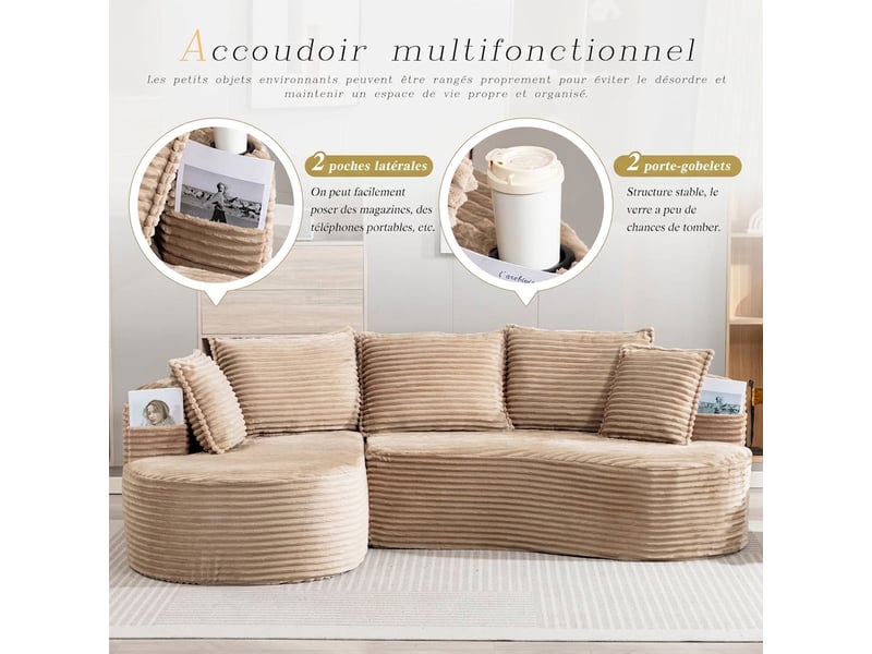 Canapé incurvé en velours côtelé avec rangements 250 cm - porte-gobelets et coussins inclus - Conforama R