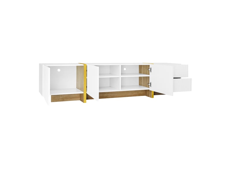  Meuble tv 190x35x45 cm avec 3 portes, 2 tiroirs et led, blanc et doré  - Conforama D