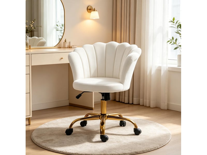  Chaise de bureau réglable en hauteur avec dossier en pétales, assise rembourrée et roulettes en velours blanc  - Conforama B