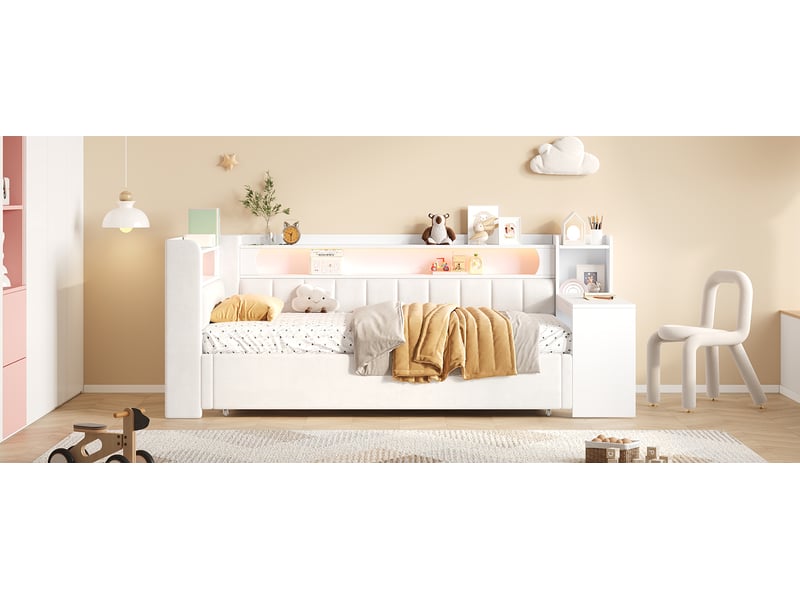  Lit banquette simple 90×200 cm extensible 180×200 cm, led réglable, usb et bureau - okmyhome- blanc, sans matelas  - Conforama E
