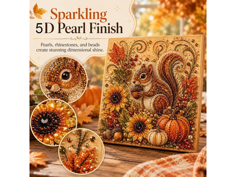  Kit de peinture perles automnal avec cadre – art diamant écureuil, perles et strass, pour adultes et débutants  - Conforama E