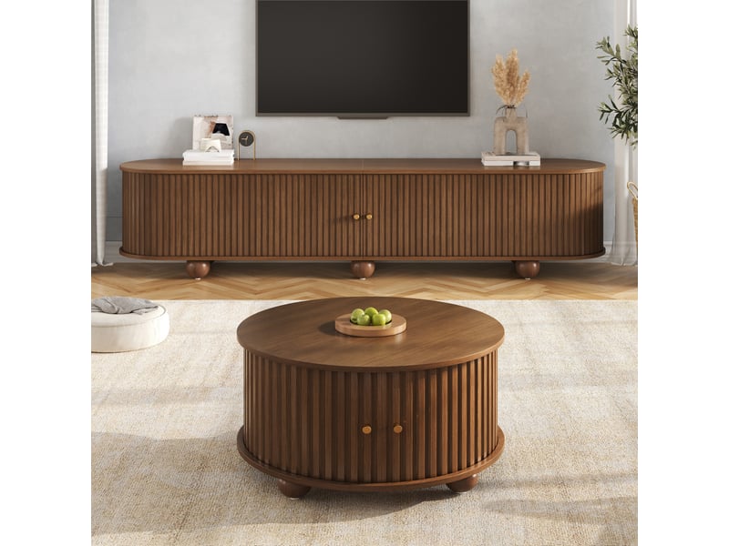 Ensemble salon meuble tv 180x35x45 cm et table basse ronde 72x72x38 cm avec portes coulissantes, rangements en mdf noyer BUYDEEMEUS - Conforama B
