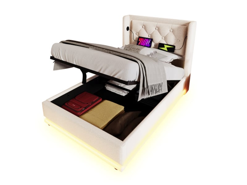  Lit coffre 90x200 cm, lit enfant avec chargement usb et éclairage led, en coton beige, sans matelas  - Conforama A