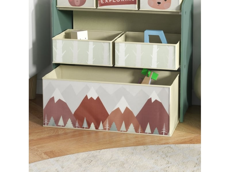  Meuble de rangement enfant 63x30x66 cm vert en bois, 6 boîtes en tissu à motifs pour jouets et livres  - Conforama D