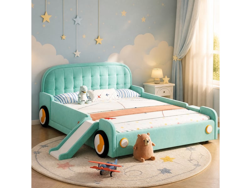  Lit enfant 140 × 200 cm en forme de voiture avec toboggan et escalier réversibles pour chambre 218,5 × 247 × 86 cm  - Conforama B