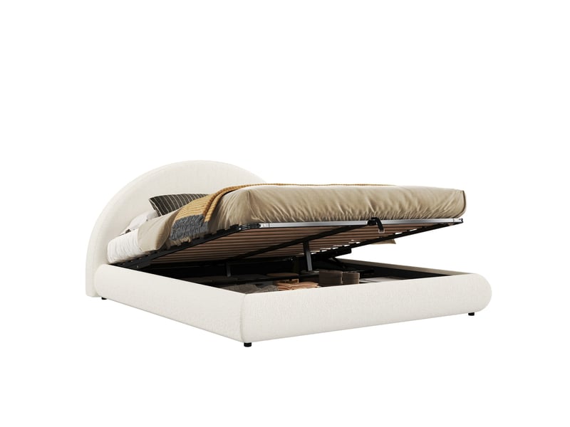  Lit coffre hydraulique douple place 180x200 cm, grand stockage, sommier à lattes, lit adulte et enfant, bouclé, blanc, sans matelas  - Conforama A