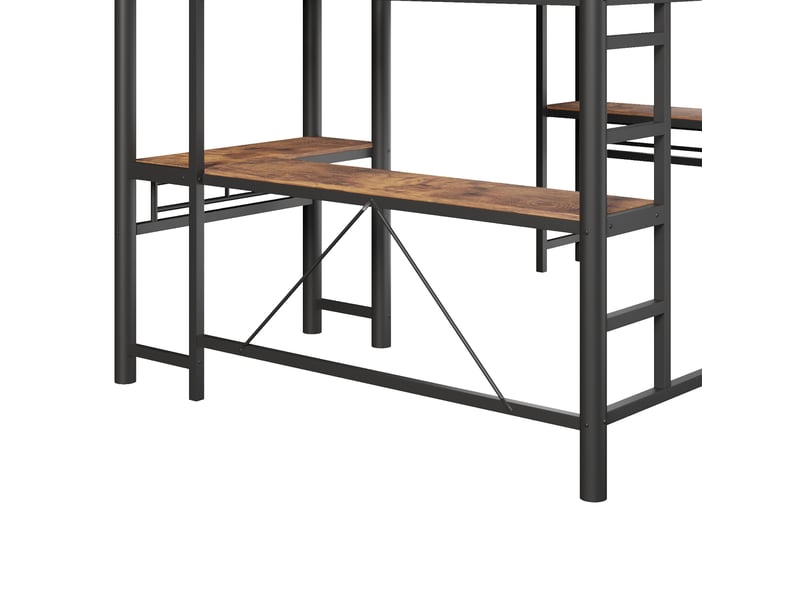  Lit mezzanine 90 × 200 cm 1 place avec bureau et échelle double, garde-corps haut, sans matelas, métal noir  - Conforama E