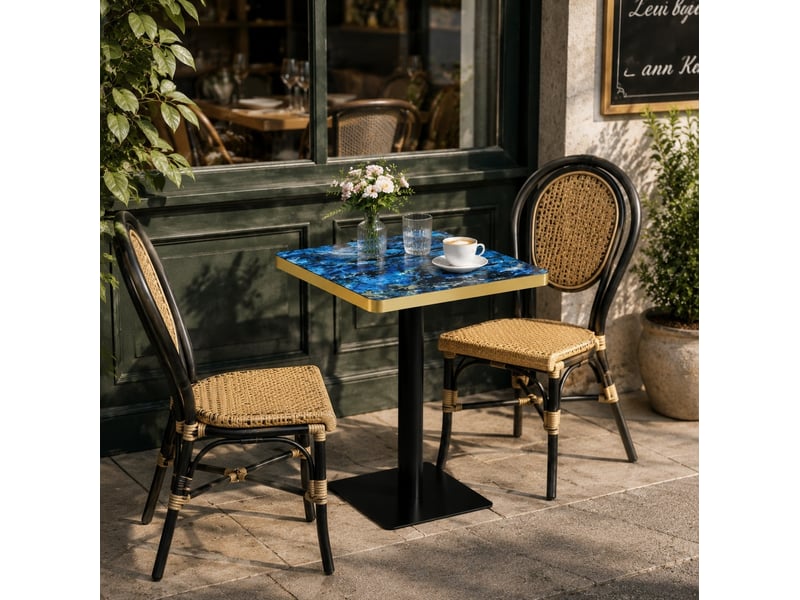 Table de salle à manger carrée pour 2 à 4 personnes, plateau aspect marbre, piètement métal bleu, 60 × 60 × 74 cm - Conforama B