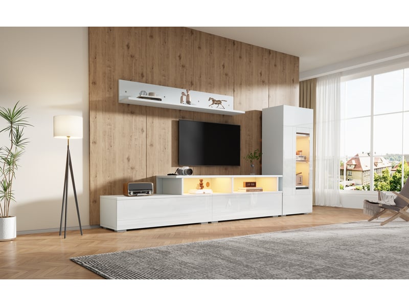  Ensemble meuble tv blanc brillant 3 pièces avec vitrine, étagère, led, pour téléviseur jusqu’à 75 pouces  - Conforama C