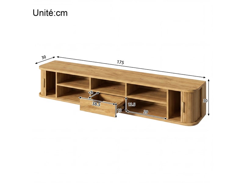  Meuble tv suspendu 170cm avec façade rainurée verticale, en mdf led inférieure réglable, pour salon moderne,bois clair  - Conforama C