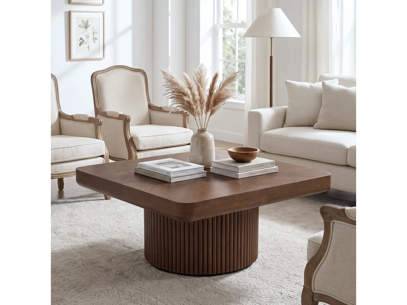  Table basse carrée à plateau façon parquet et pied central teinte noyer 78 × 78 × 38 cm IKSETERA TRADING LTD - Conforama B