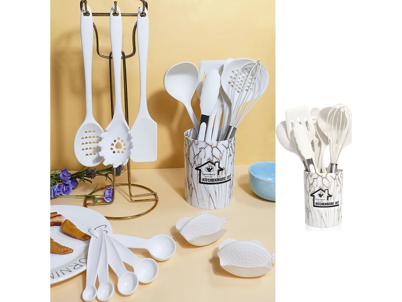  Ensemble ustensiles cuisine 18 pièces silicone résistant chaleur support manche bois blanc  - Conforama D