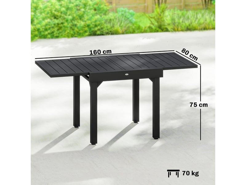 Table de jardin extensible d'extérieur 80160 cm pour 4 à 6 personnes, rectangulaire, noire, idéale pour terrasse. - Conforama E