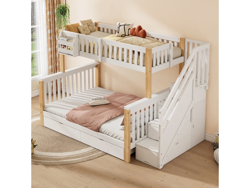  Lit superposé enfant, lit double multifonction avec escalier et rangements, lit enfant blanc et naturel, 90x200 et 140x200 cm.  - Conforama C