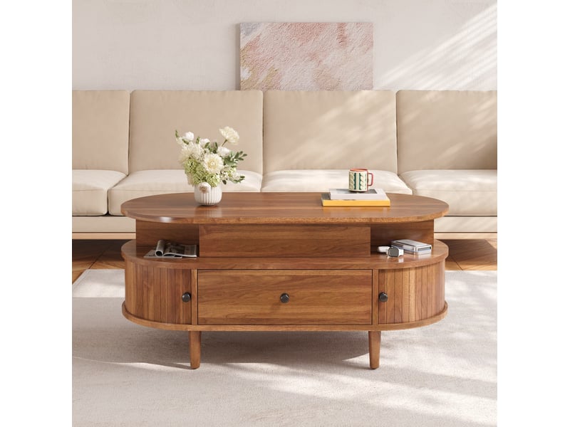  Table basse ovale relevable avec tiroir, 2 étagères ouvertes et 2 portes coulissantes, mdf noyer 105 × 50 × 60,5 cm  - Conforama E