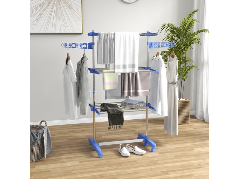  Étendoir à linge vertical à 3 niveaux avec 6 roues, 2 côtés rabattables, étagères réglables et structure en acier inoxydable - bleu  - Conforama B