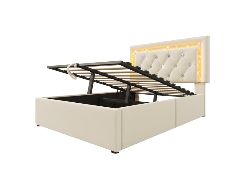  Lit coffre 90x200 cm avec sommier relevable, sans matelas, velours beige  - Conforama D